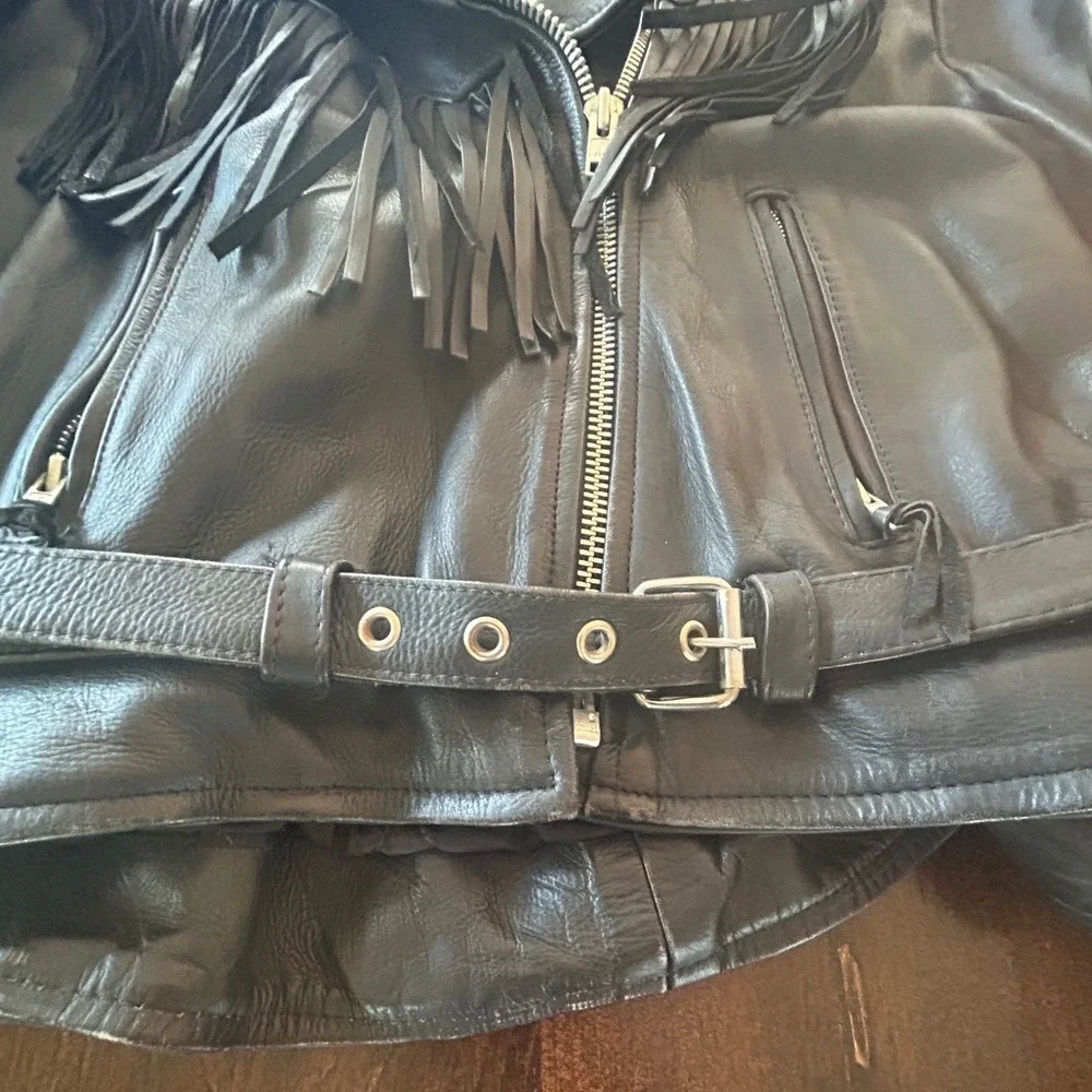 Vintage 90s First Genuine Leather Fringe Biker Jacket Black Western Moto Belted - Picture 2 of 8